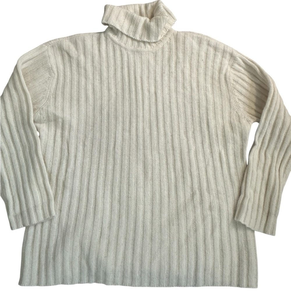A396 Vintage Roll neck Angora lambs wool ribbed oversized sweater Cream Sz M - Picture 2 of 5
